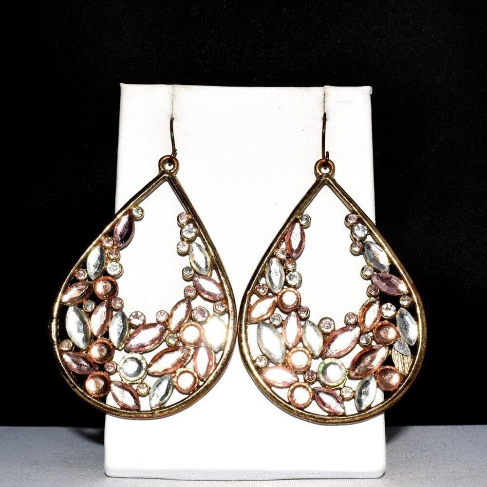 Vintage Boho Flat Rhinestone Long Dangle Earrings, Rustic 1990s